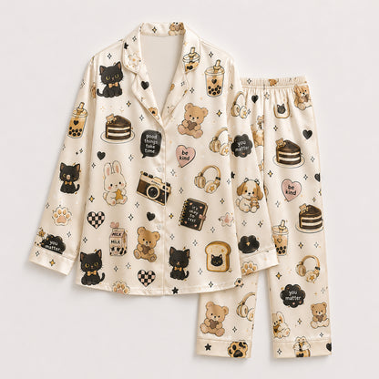 PJ-420-Cute Kawaii Animal Boba Tea Graphic Print Cream Satin Lounge Pajama Set