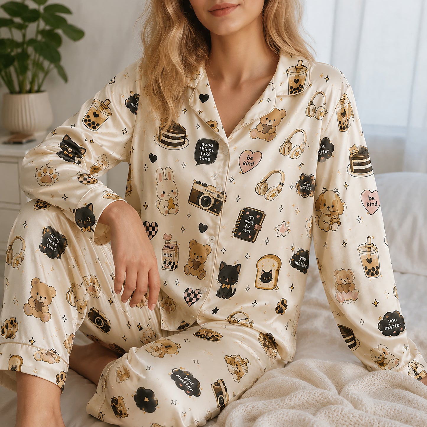 PJ-420-Cute Kawaii Animal Boba Tea Graphic Print Cream Satin Lounge Pajama Set