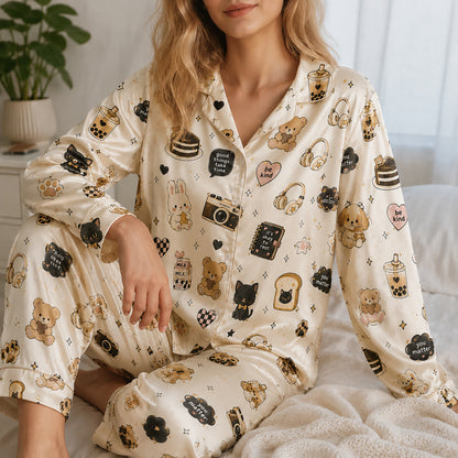PJ-420-Cute Kawaii Animal Boba Tea Graphic Print Cream Satin Lounge Pajama Set