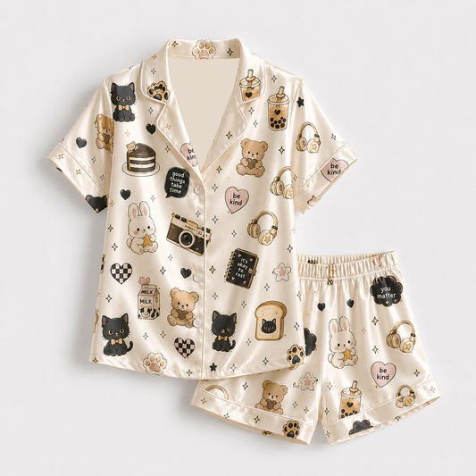 PJ-420-Cute Kawaii Animal Boba Tea Graphic Print Cream Satin Lounge Pajama Set