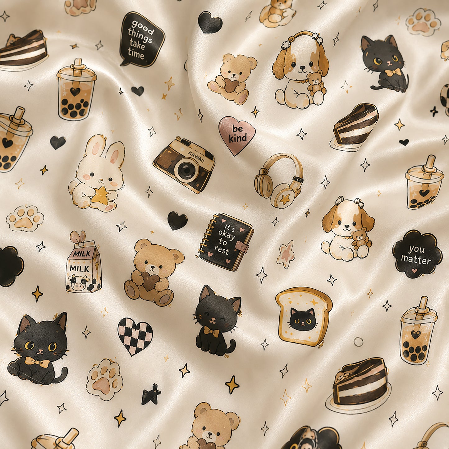 PJ-420-Cute Kawaii Animal Boba Tea Graphic Print Cream Satin Lounge Pajama Set