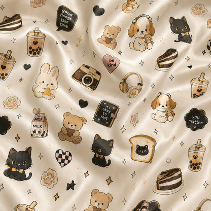 PJ-420-Cute Kawaii Animal Boba Tea Graphic Print Cream Satin Lounge Pajama Set