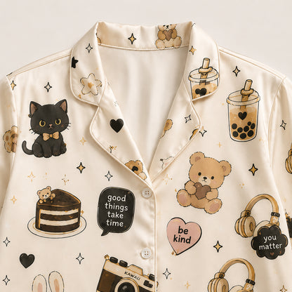 PJ-420-Cute Kawaii Animal Boba Tea Graphic Print Cream Satin Lounge Pajama Set