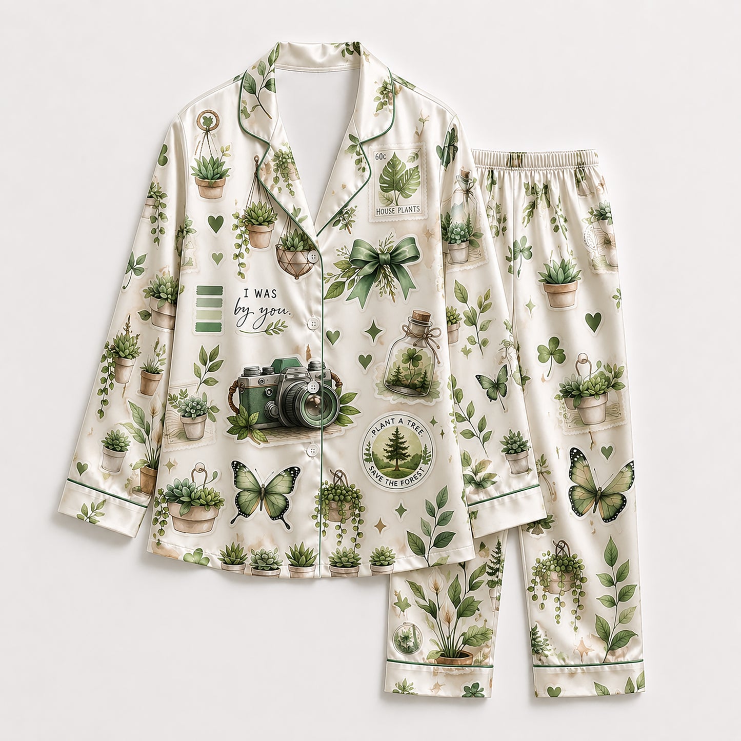 PJ-421-Botanical Greenhouse Vintage Camera Print Cream Satin Sleepwear Set