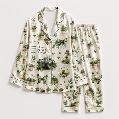 PJ-421-Botanical Greenhouse Vintage Camera Print Cream Satin Sleepwear Set