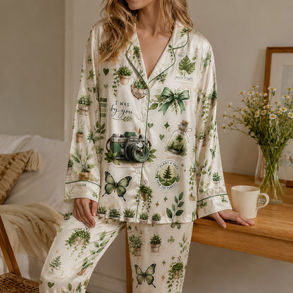 PJ-421-Botanical Greenhouse Vintage Camera Print Cream Satin Sleepwear Set