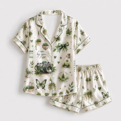 PJ-421-Botanical Greenhouse Vintage Camera Print Cream Satin Sleepwear Set