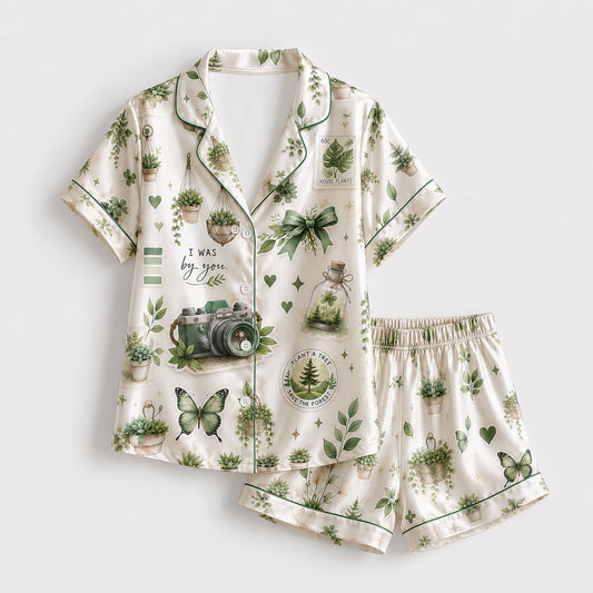 PJ-421-Botanical Greenhouse Vintage Camera Print Cream Satin Sleepwear Set