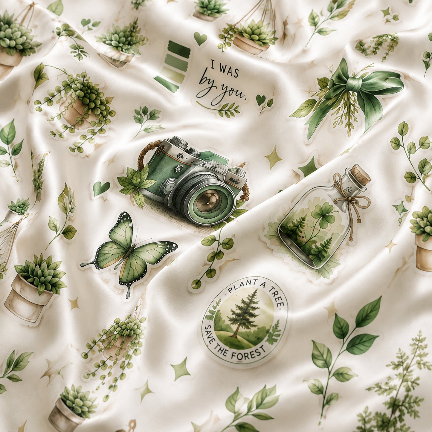 PJ-421-Botanical Greenhouse Vintage Camera Print Cream Satin Sleepwear Set