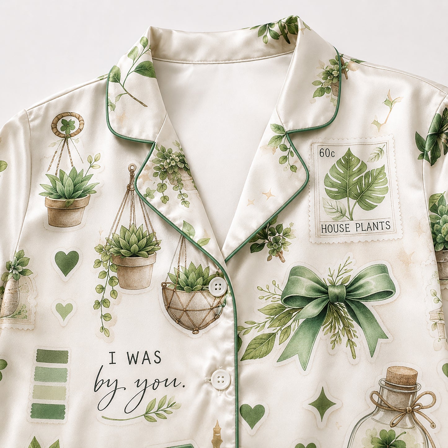 PJ-421-Botanical Greenhouse Vintage Camera Print Cream Satin Sleepwear Set
