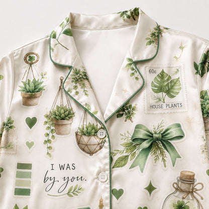 PJ-421-Botanical Greenhouse Vintage Camera Print Cream Satin Sleepwear Set