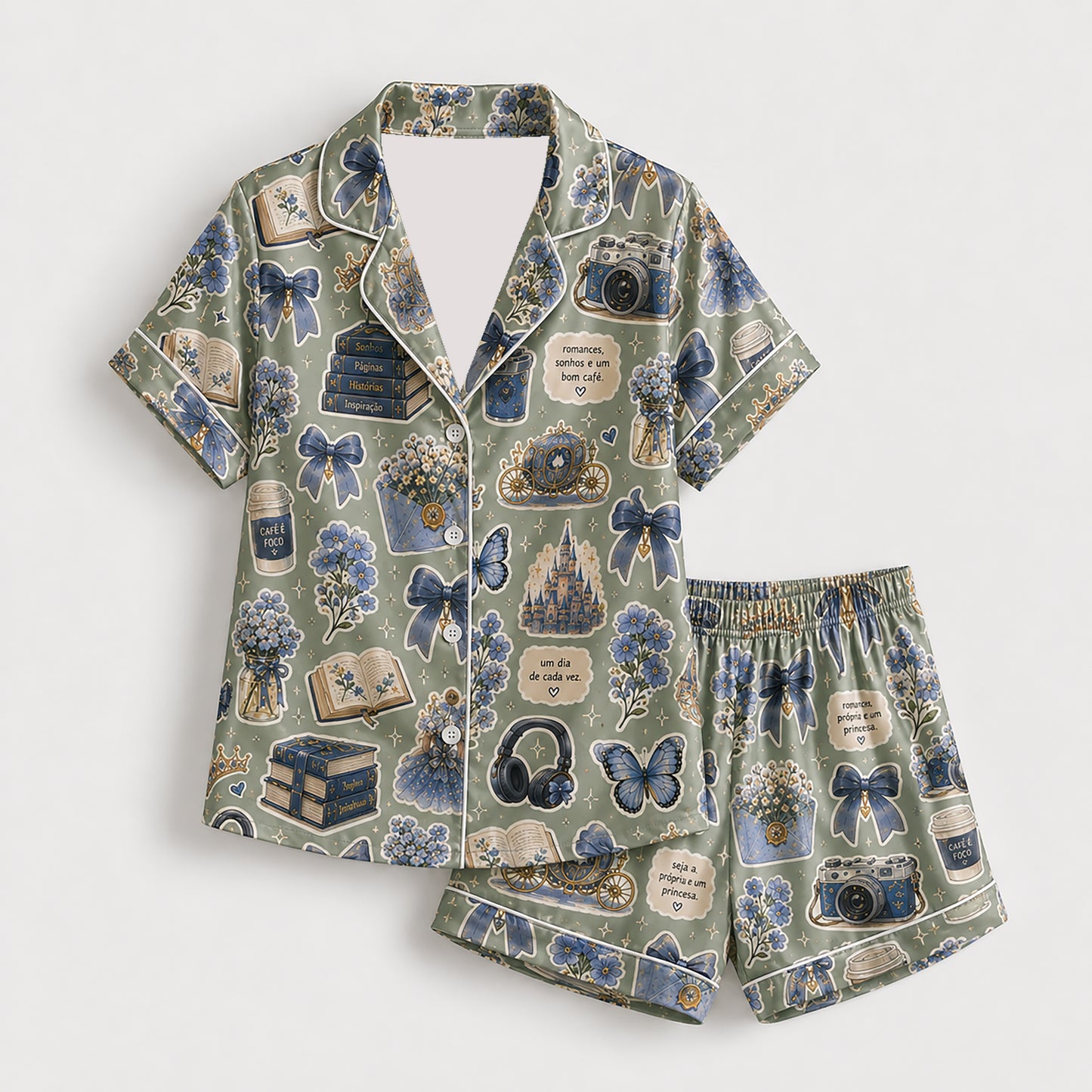 PJ-422-Enchanted Storybook and Blue Bow Motif Sage Green Satin Lounge Set