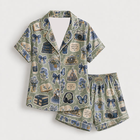 PJ-422-Enchanted Storybook and Blue Bow Motif Sage Green Satin Lounge Set