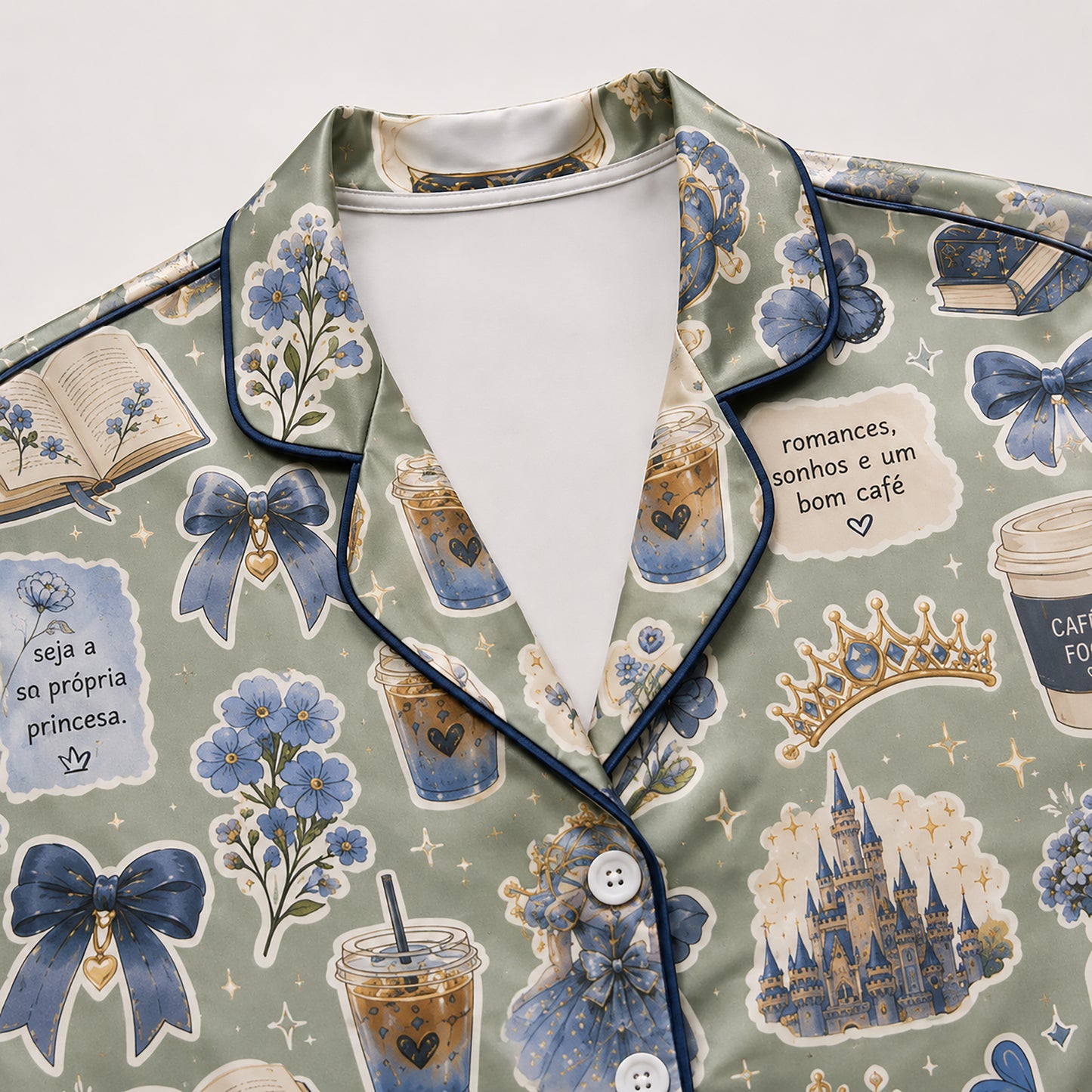 PJ-422-Enchanted Storybook and Blue Bow Motif Sage Green Satin Lounge Set