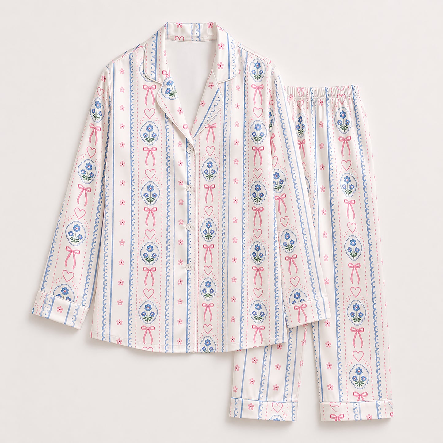 PJ-423-Delicate Coquette Pink Bow and Blue Floral Medallion Striped Satin Pajama Set