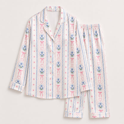 PJ-423-Delicate Coquette Pink Bow and Blue Floral Medallion Striped Satin Pajama Set