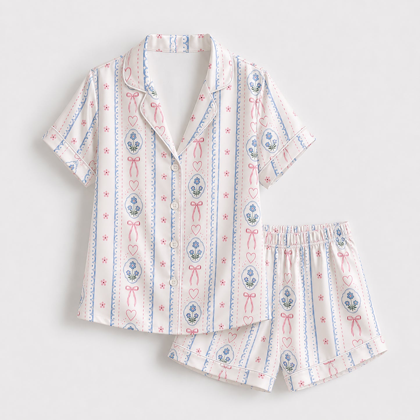 PJ-423-Delicate Coquette Pink Bow and Blue Floral Medallion Striped Satin Pajama Set