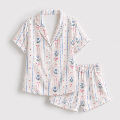 PJ-423-Delicate Coquette Pink Bow and Blue Floral Medallion Striped Satin Pajama Set