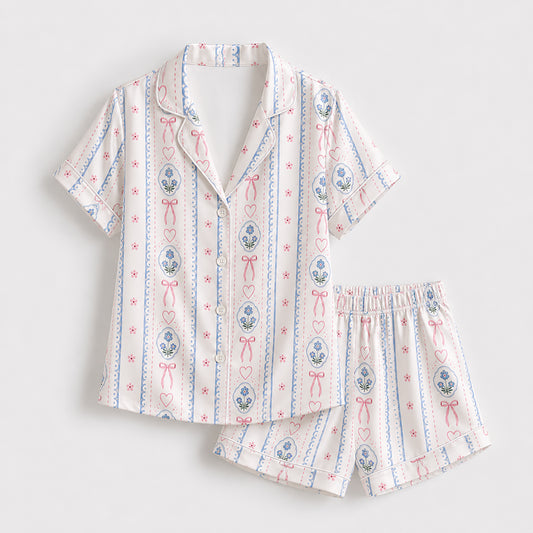 PJ-423-Delicate Coquette Pink Bow and Blue Floral Medallion Striped Satin Pajama Set