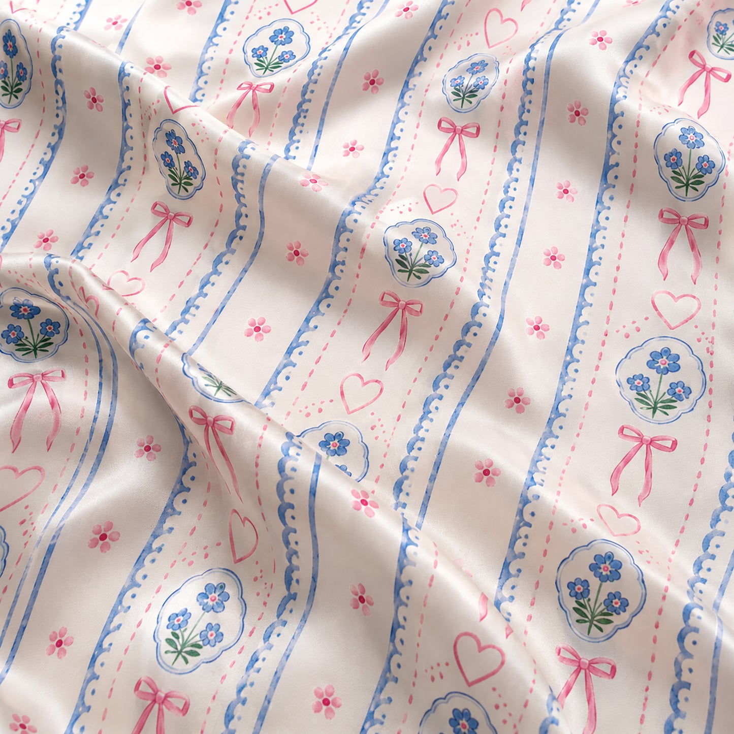 PJ-423-Delicate Coquette Pink Bow and Blue Floral Medallion Striped Satin Pajama Set