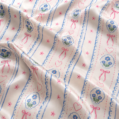 PJ-423-Delicate Coquette Pink Bow and Blue Floral Medallion Striped Satin Pajama Set