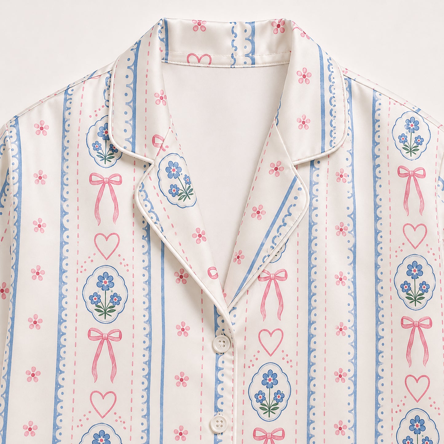 PJ-423-Delicate Coquette Pink Bow and Blue Floral Medallion Striped Satin Pajama Set