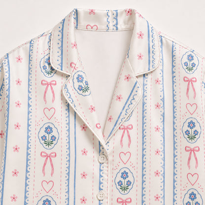 PJ-423-Delicate Coquette Pink Bow and Blue Floral Medallion Striped Satin Pajama Set