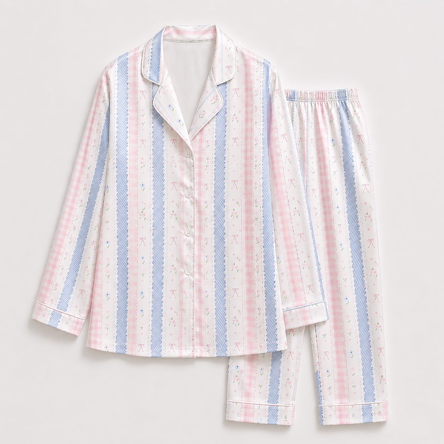 PJ-424-Pastel Gingham and Blue Floral Stripe Mixed Print Sleepwear Coordinate