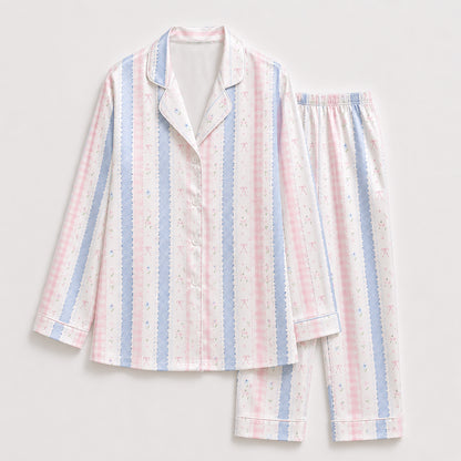 PJ-424-Pastel Gingham and Blue Floral Stripe Mixed Print Sleepwear Coordinate