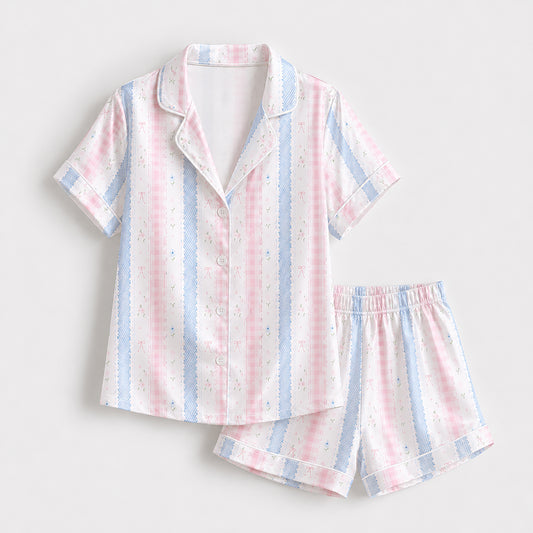 PJ-424-Pastel Gingham and Blue Floral Stripe Mixed Print Sleepwear Coordinate
