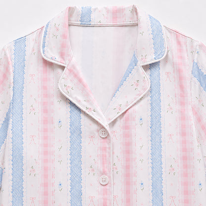 PJ-424-Pastel Gingham and Blue Floral Stripe Mixed Print Sleepwear Coordinate