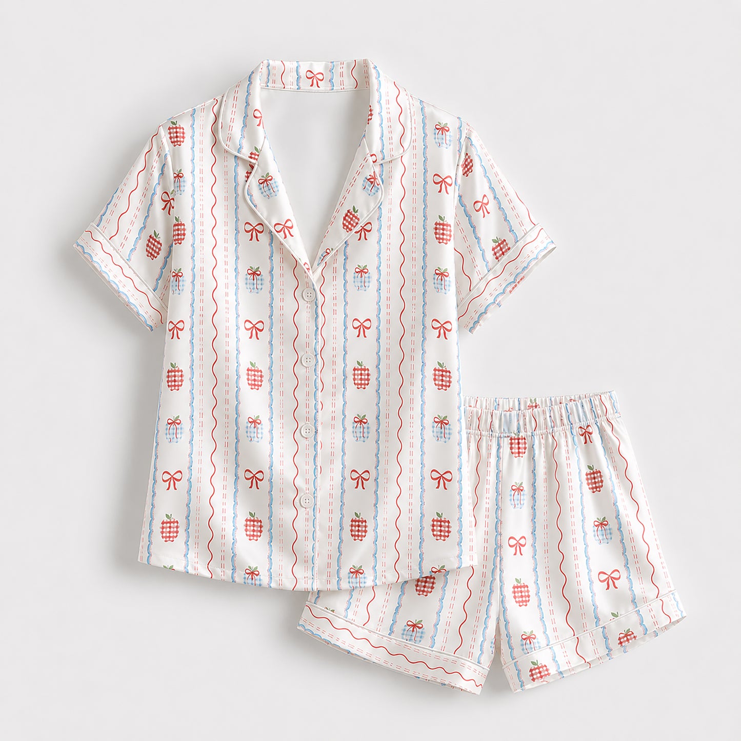 PJ-425-Heritage Plaid Apple and Ribbon Stripe Satin Sleepwear Ensemble