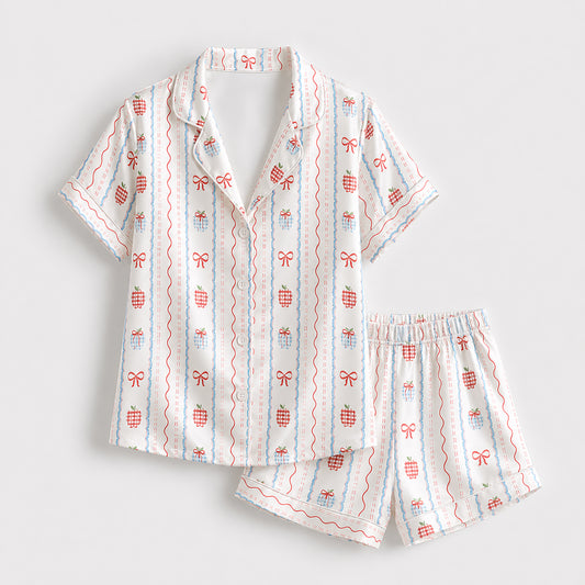 PJ-425-Heritage Plaid Apple and Ribbon Stripe Satin Sleepwear Ensemble