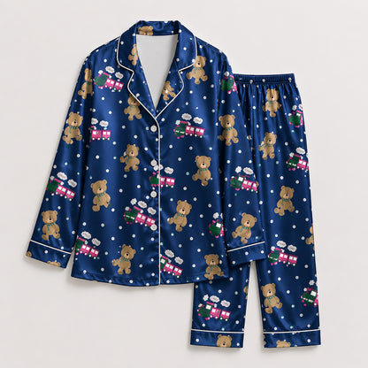 PJ-426-Navy Blue Satin Sleepwear Collection With Teddy Bear and Train Motifs