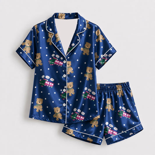 PJ-426-Navy Blue Satin Sleepwear Collection With Teddy Bear and Train Motifs
