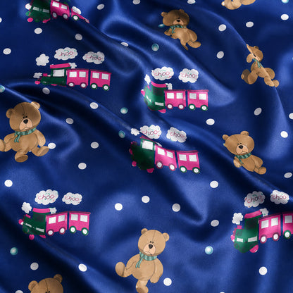 PJ-426-Navy Blue Satin Sleepwear Collection With Teddy Bear and Train Motifs
