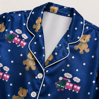 PJ-426-Navy Blue Satin Sleepwear Collection With Teddy Bear and Train Motifs