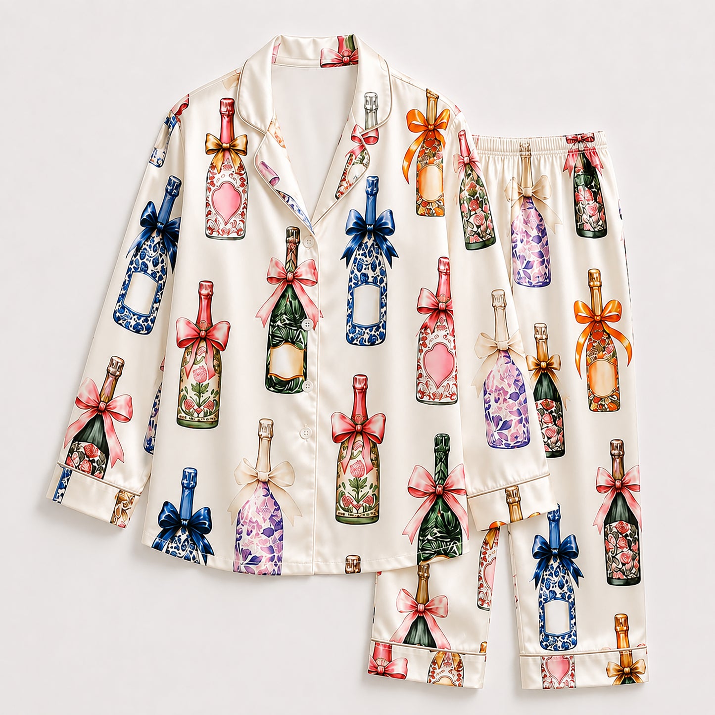 PJ-427-Elegant Floral Wine Bottle and Ribbon Motif Silky Sleepwear Ensemble