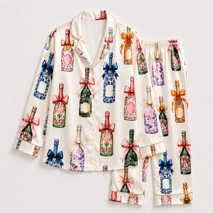 PJ-427-Elegant Floral Wine Bottle and Ribbon Motif Silky Sleepwear Ensemble