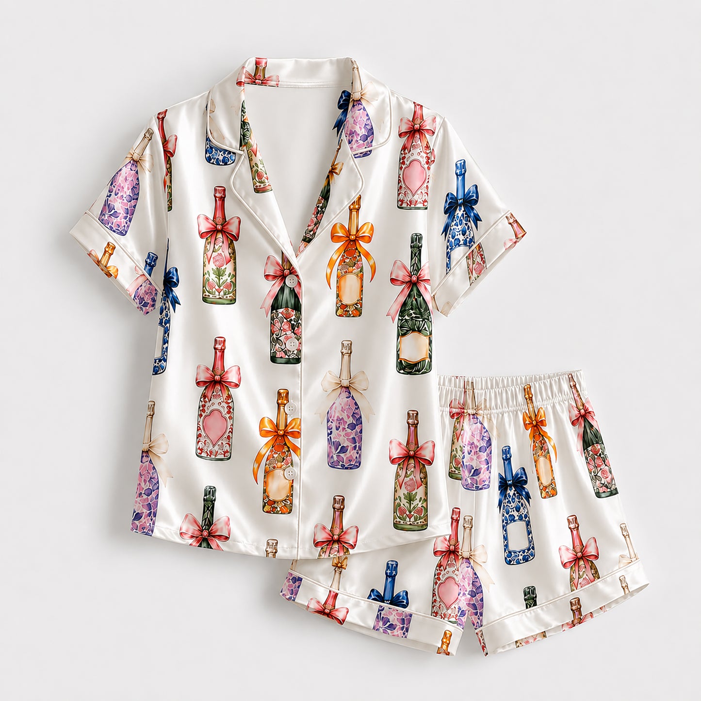 PJ-427-Elegant Floral Wine Bottle and Ribbon Motif Silky Sleepwear Ensemble