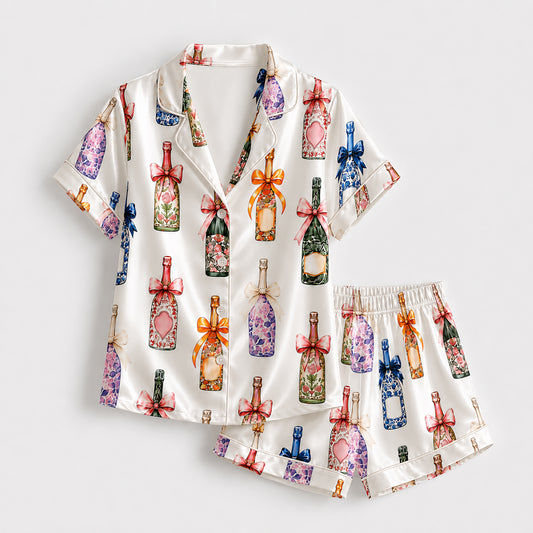 PJ-427-Elegant Floral Wine Bottle and Ribbon Motif Silky Sleepwear Ensemble