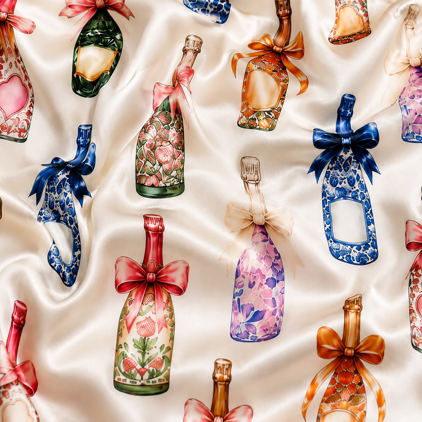 PJ-427-Elegant Floral Wine Bottle and Ribbon Motif Silky Sleepwear Ensemble