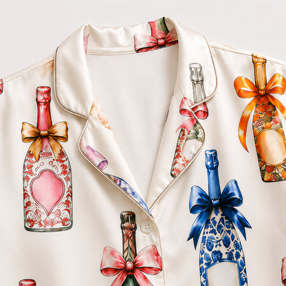 PJ-427-Elegant Floral Wine Bottle and Ribbon Motif Silky Sleepwear Ensemble