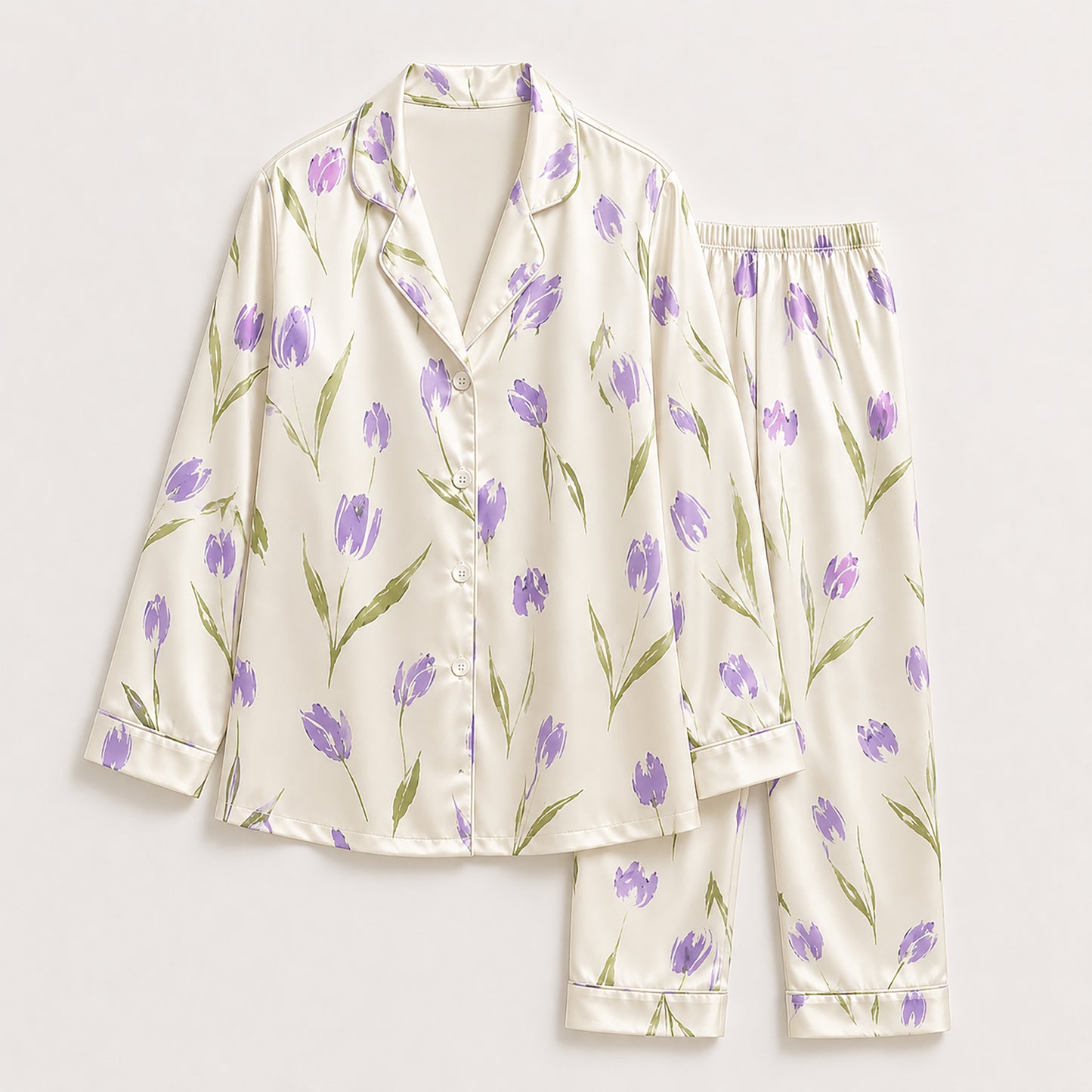 PJ-428-Premium Watercolor Purple Tulip Botanical Print Cream Silky Satin Button Down Lounge Pajama Set