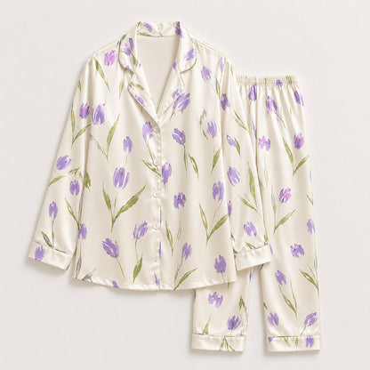 PJ-428-Premium Watercolor Purple Tulip Botanical Print Cream Silky Satin Button Down Lounge Pajama Set