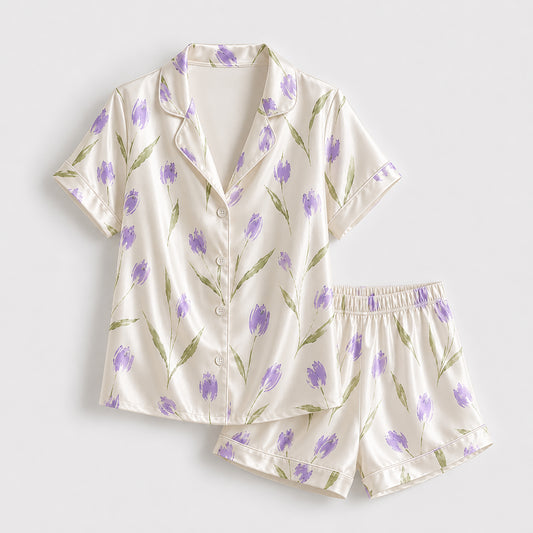 PJ-428-Premium Watercolor Purple Tulip Botanical Print Cream Silky Satin Button Down Lounge Pajama Set