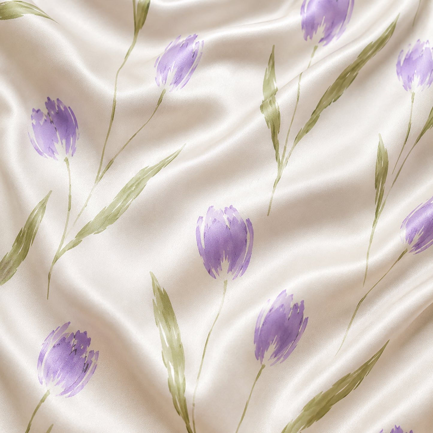 PJ-428-Premium Watercolor Purple Tulip Botanical Print Cream Silky Satin Button Down Lounge Pajama Set