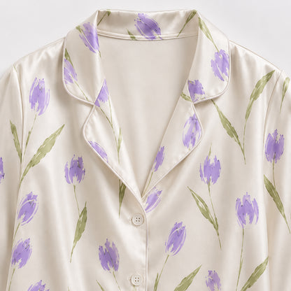 PJ-428-Premium Watercolor Purple Tulip Botanical Print Cream Silky Satin Button Down Lounge Pajama Set