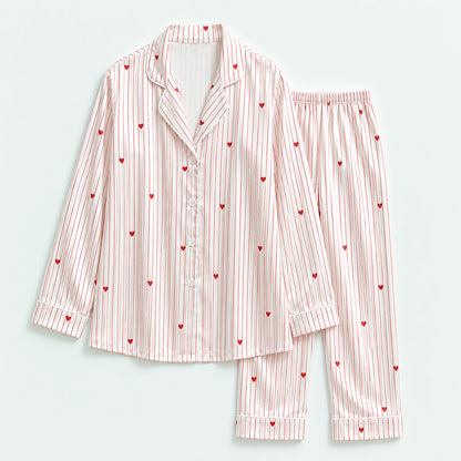 PJ-429-Romantic Red Heart And Thin Stripe Print White Silky Satin Pajama Sleepwear Lounge Set