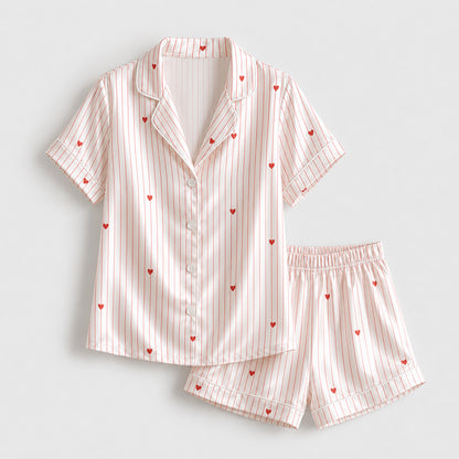 PJ-429-Romantic Red Heart And Thin Stripe Print White Silky Satin Pajama Sleepwear Lounge Set